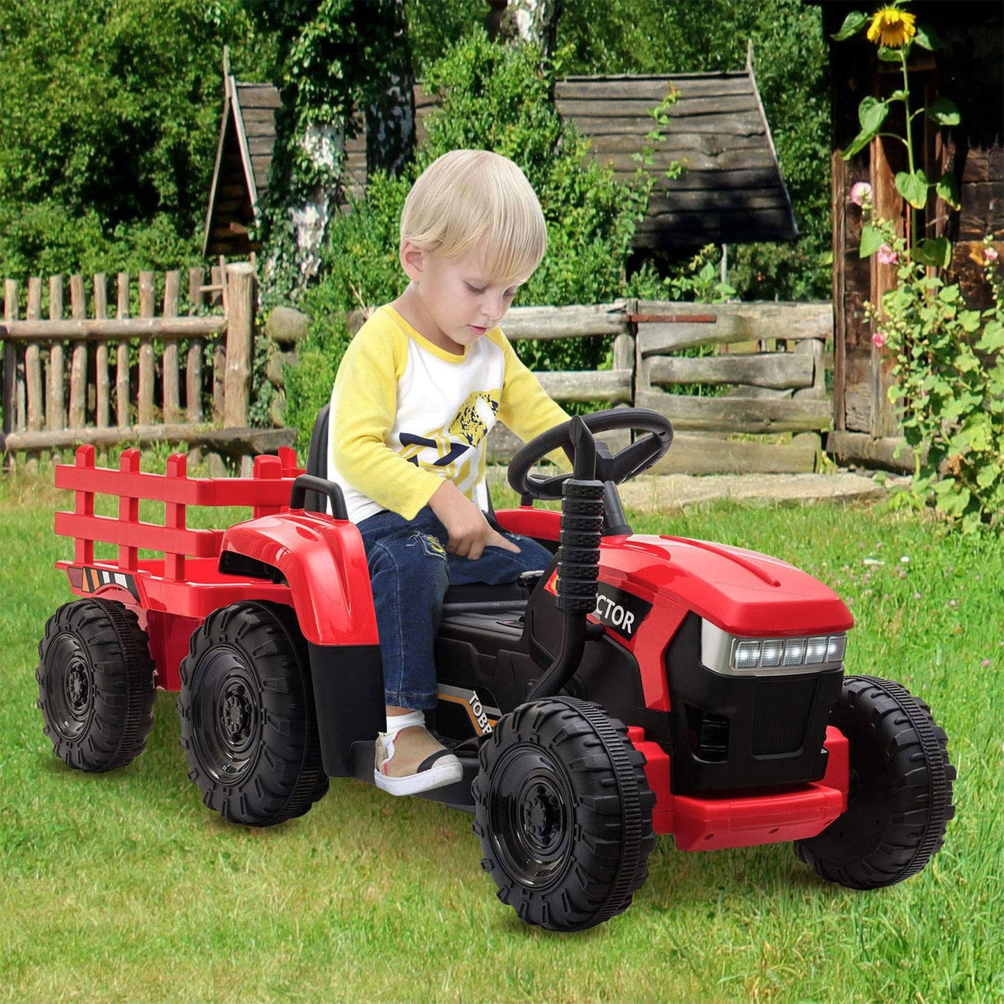 TOBBI 12V Kids Electric Battery-Powered Ride On Toy Tractor with Trailer, Red — image 6