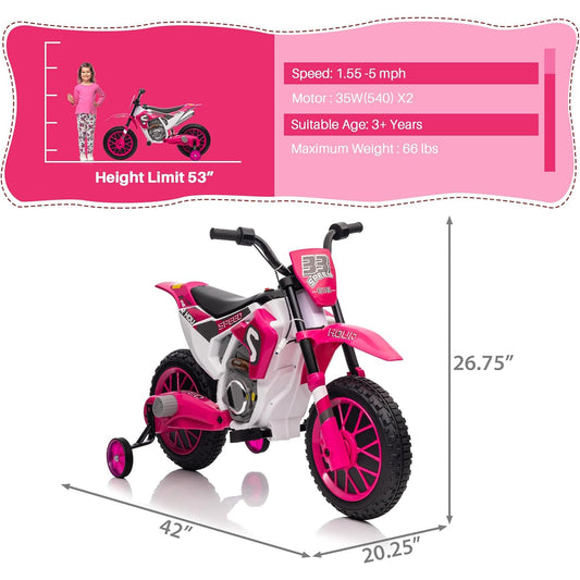 TOBBI 12 Volt Toddler Motorcycle Kids Dirt Bike with Training Wheels, Rose Pink — image 2