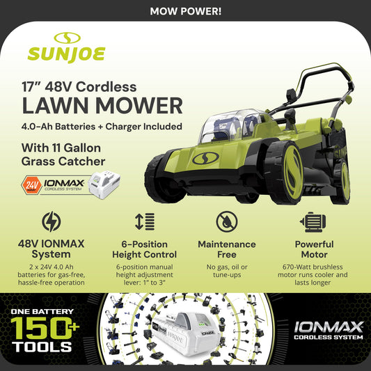 Sun Joe Mulching Walk Behind Lawn Mower, 11 Gallon Grass Catcher, 24V-X2-17LM — image 2