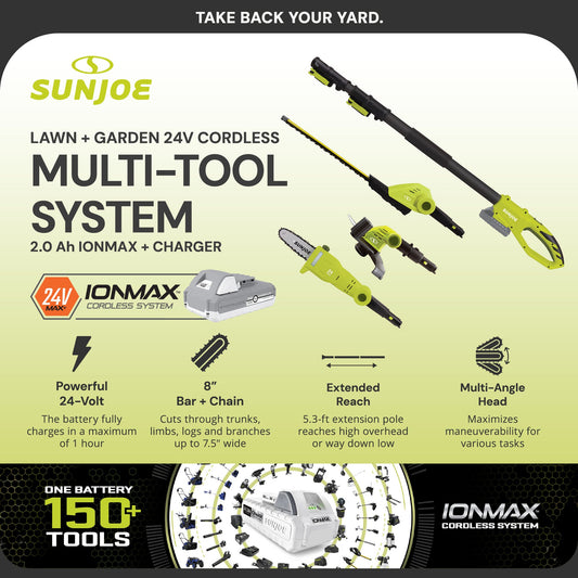 Sun Joe IONMAX Cordless Lawn Care System, Grass and Hedge Trimmer with Pole Saw — image 2