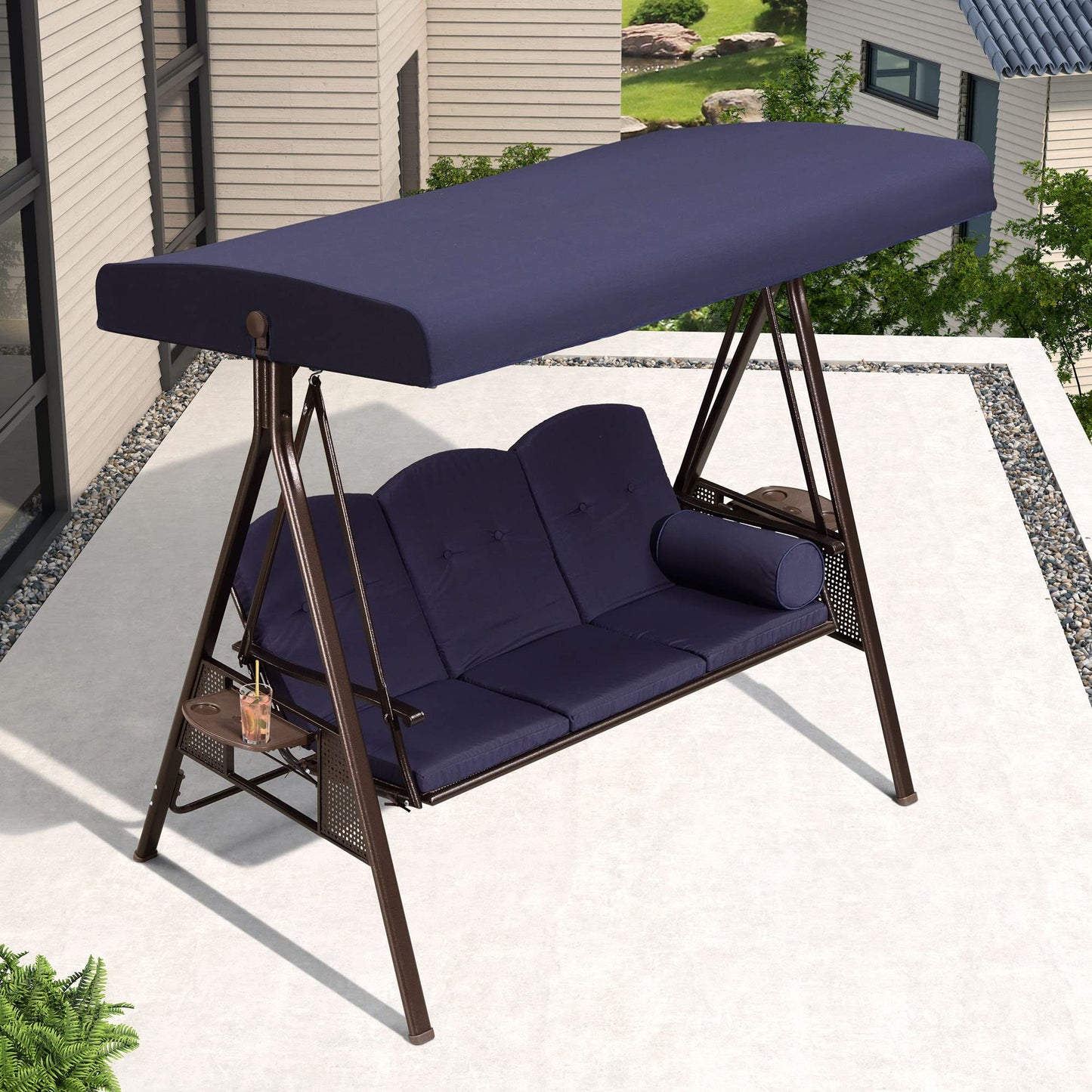 PURPLE LEAF 3-Seat Deluxe Outdoor Patio Porch Swing with Weather Resistant Steel Frame, Adjustable Tilt Canopy, Cushions and Pillow Included, Navy Blue - image 8