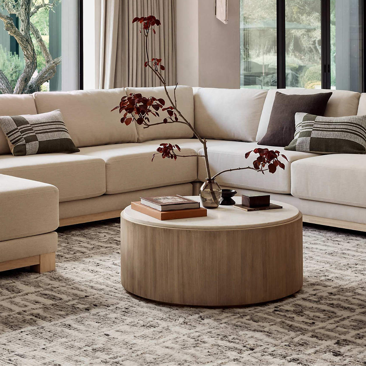 Troupe Marble and Natural Pine Wood 36" Round Coffee Table