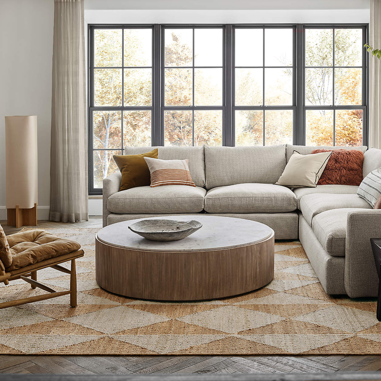 Troupe Marble and Natural Pine Wood 36" Round Coffee Table