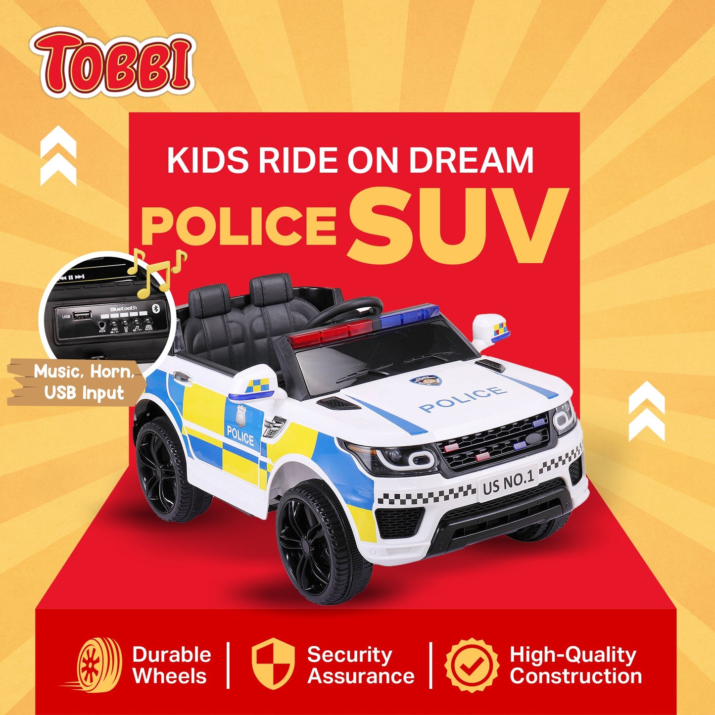 TOBBI 12 Volt Battery Powered Ride On 3 Speed Police SUV for Ages 3 Years & Up — image 9