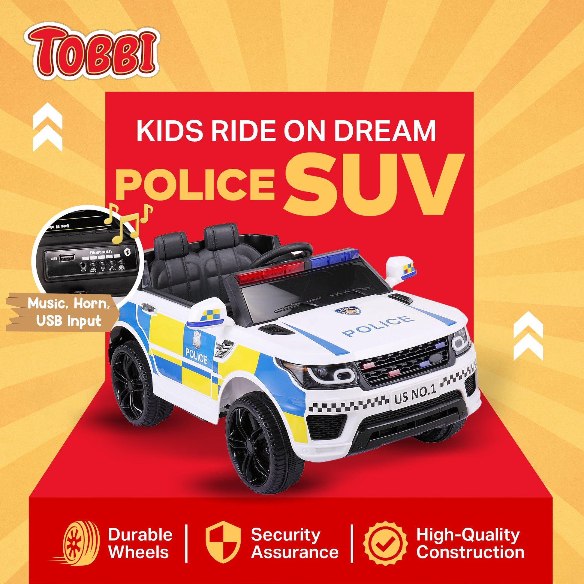 TOBBI 12 Volt Battery Powered Ride On 3 Speed Police SUV for Ages 3 Years & Up — image 9