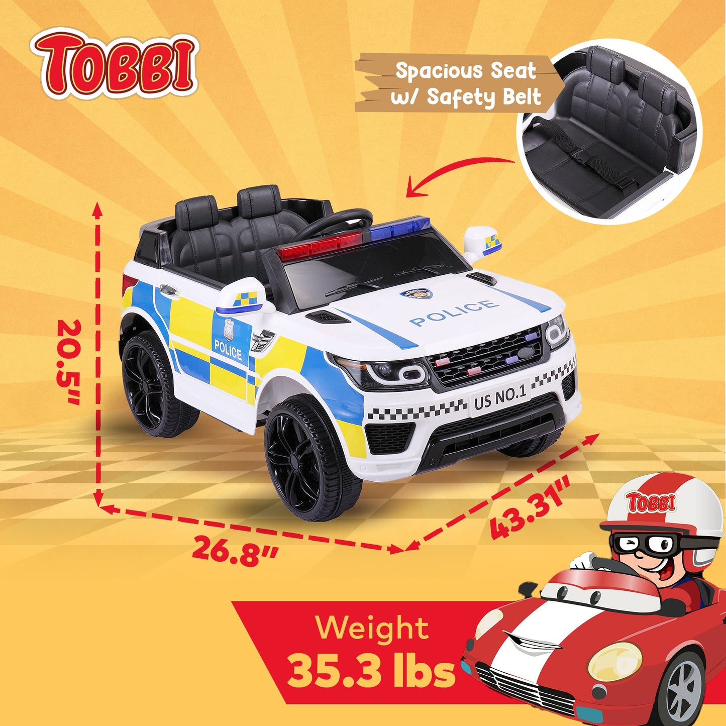 TOBBI 12 Volt Battery Powered Ride On 3 Speed Police SUV for Ages 3 Years & Up — image 11