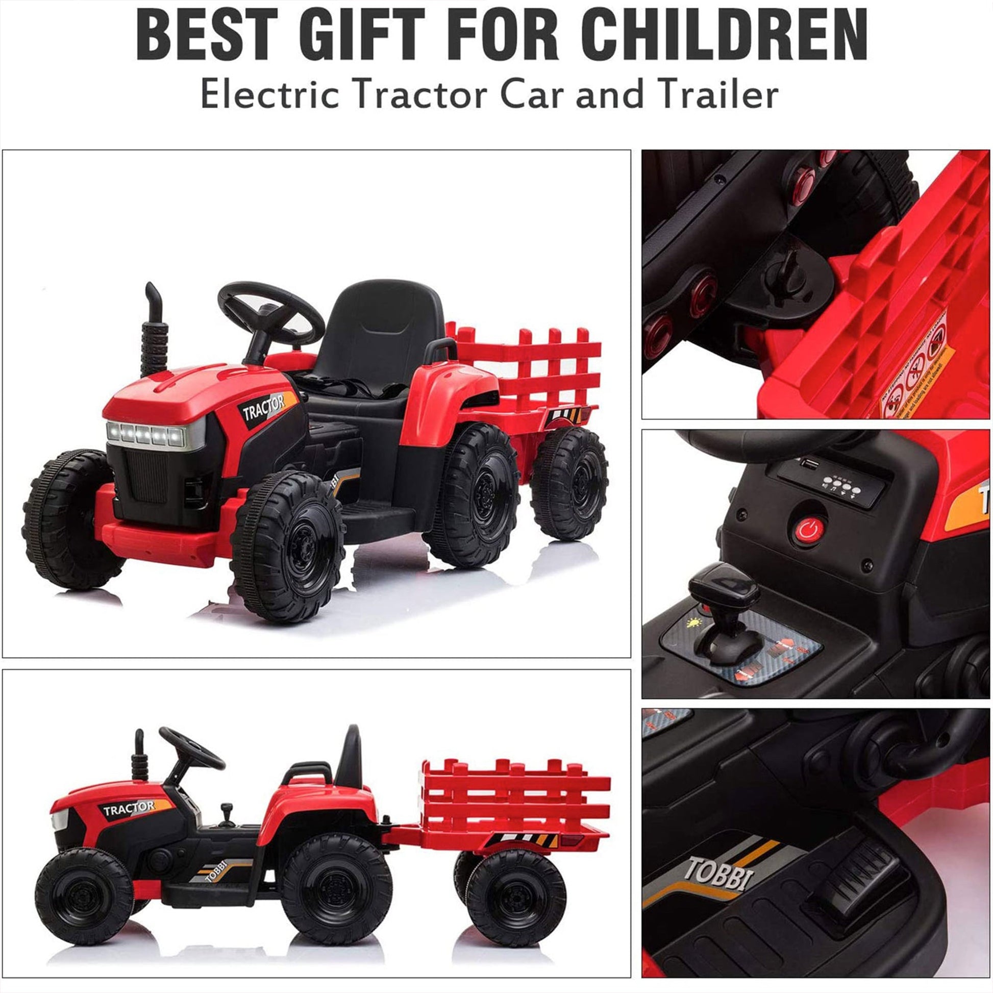 TOBBI 12V Kids Electric Battery-Powered Ride On Toy Tractor with Trailer, Red — image 3