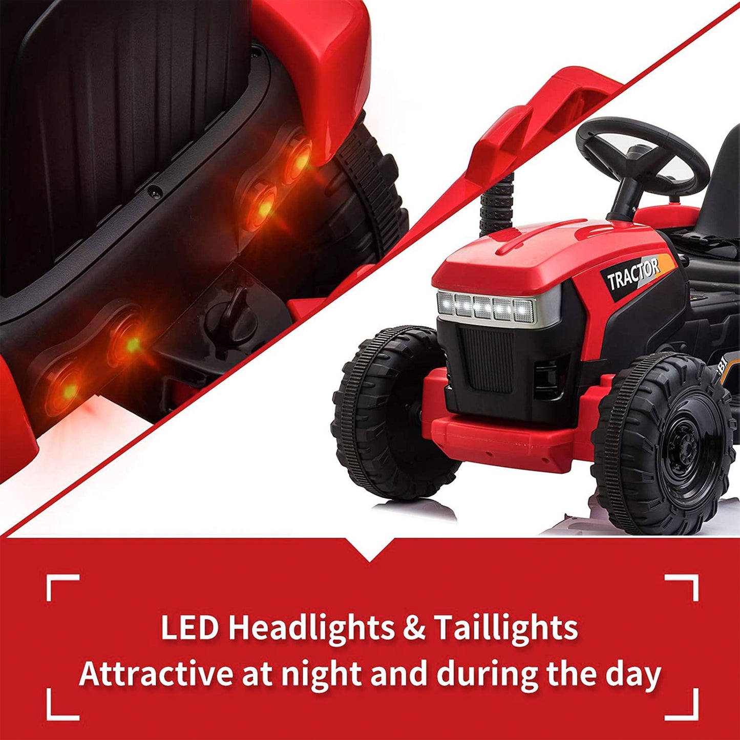 TOBBI 12V Kids Electric Battery-Powered Ride On Toy Tractor with Trailer, Red — image 4