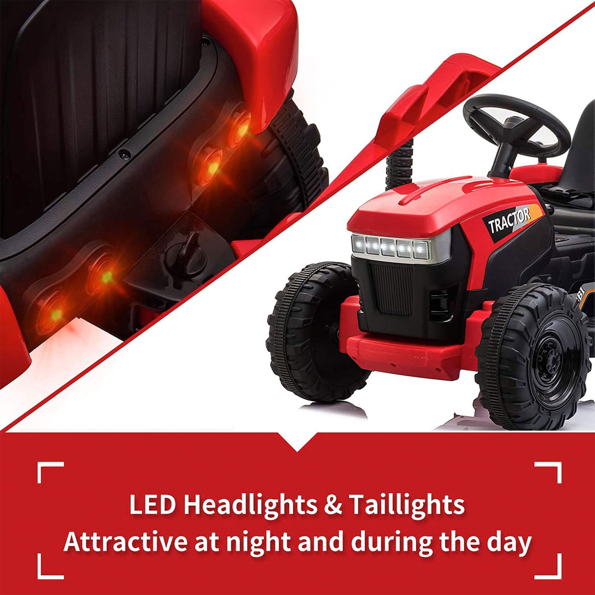 TOBBI 12V Kids Electric Battery-Powered Ride On Toy Tractor with Trailer, Red — image 4