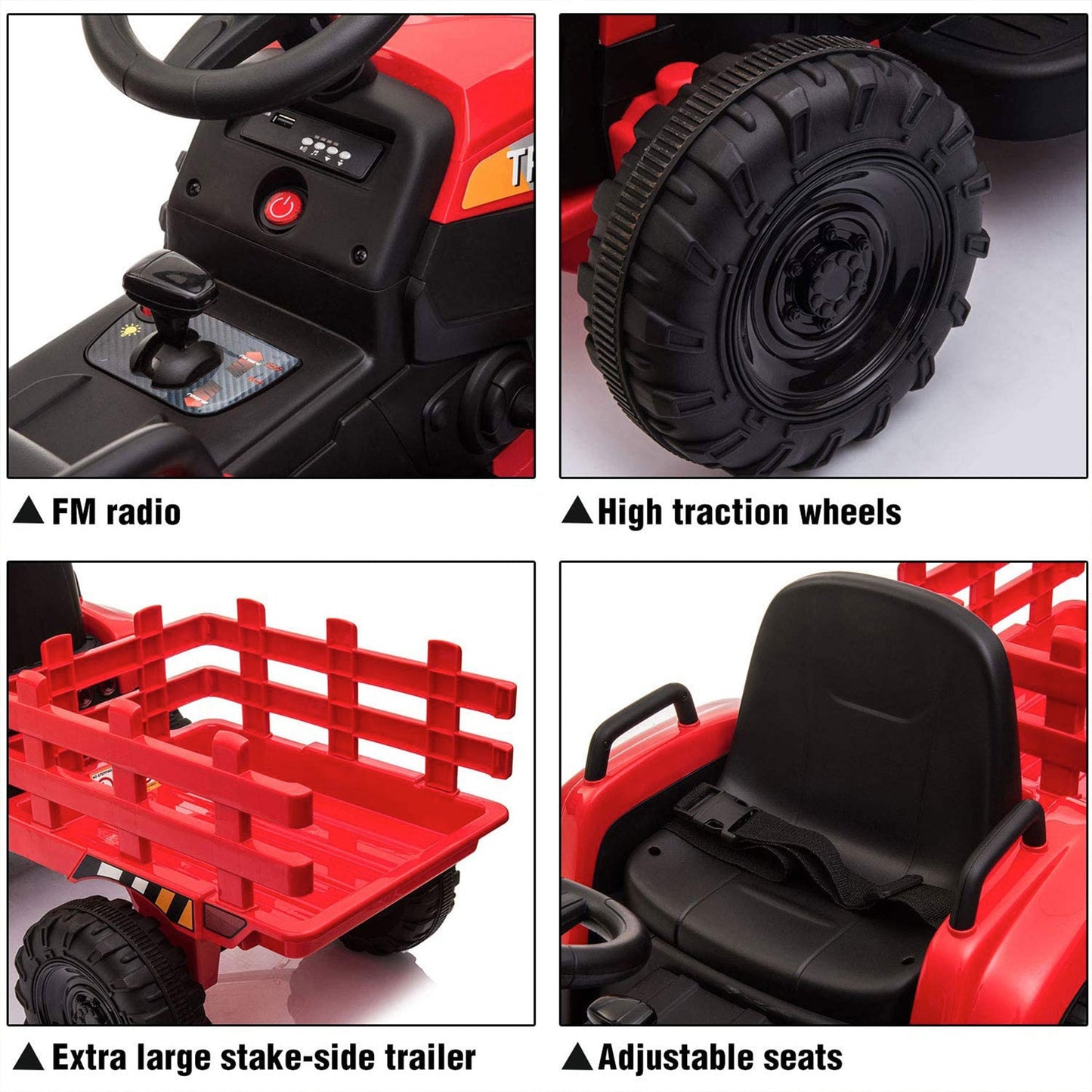 TOBBI 12V Kids Electric Battery-Powered Ride On Toy Tractor with Trailer, Red — image 5