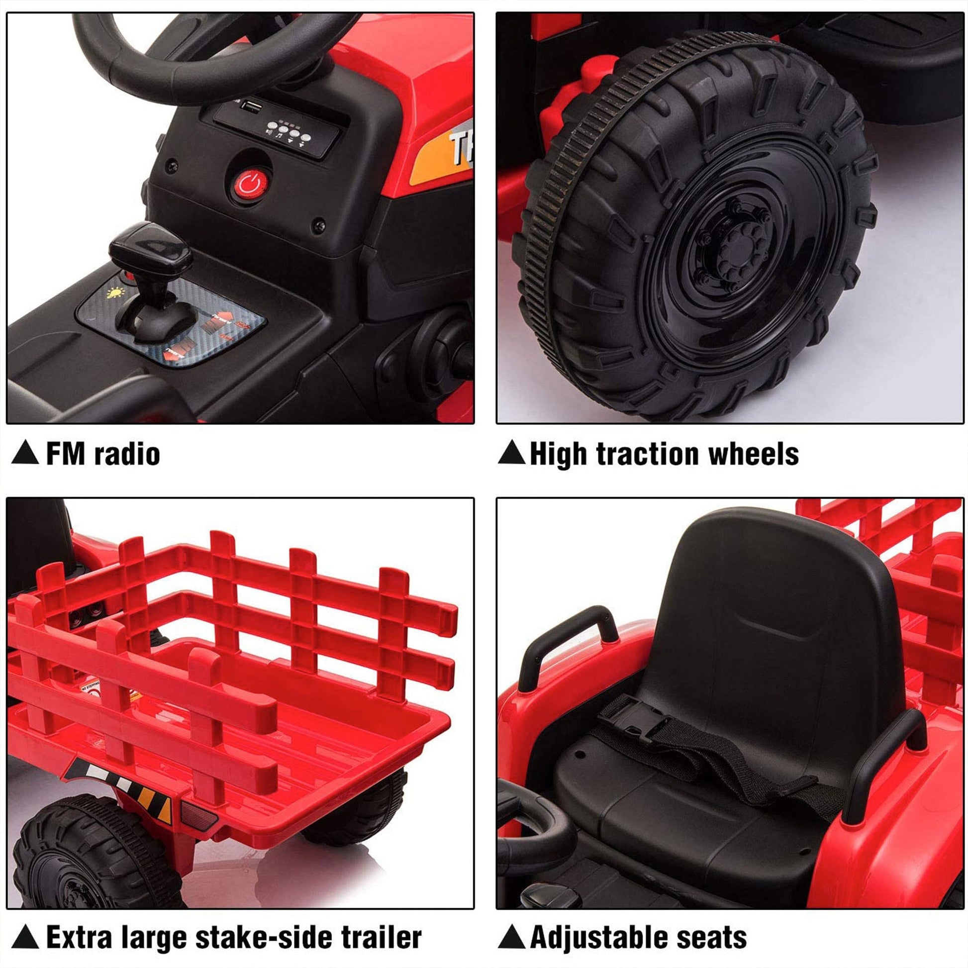 TOBBI 12V Kids Electric Battery-Powered Ride On Toy Tractor with Trailer, Red — image 5