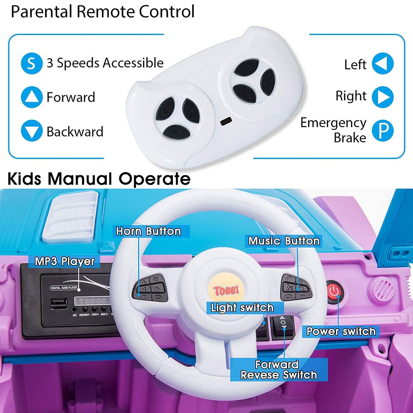 TOBBI 12V Kids Electric Battery-Powered Ride On 3 Speed Toy SUV Car, Blue/Purple — image 4