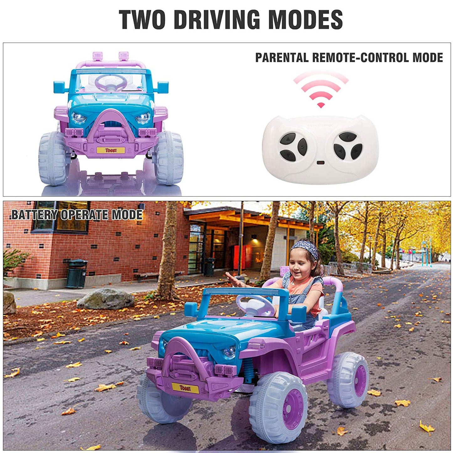 TOBBI 12V Kids Electric Battery-Powered Ride On 3 Speed Toy SUV Car, Blue/Purple — image 6