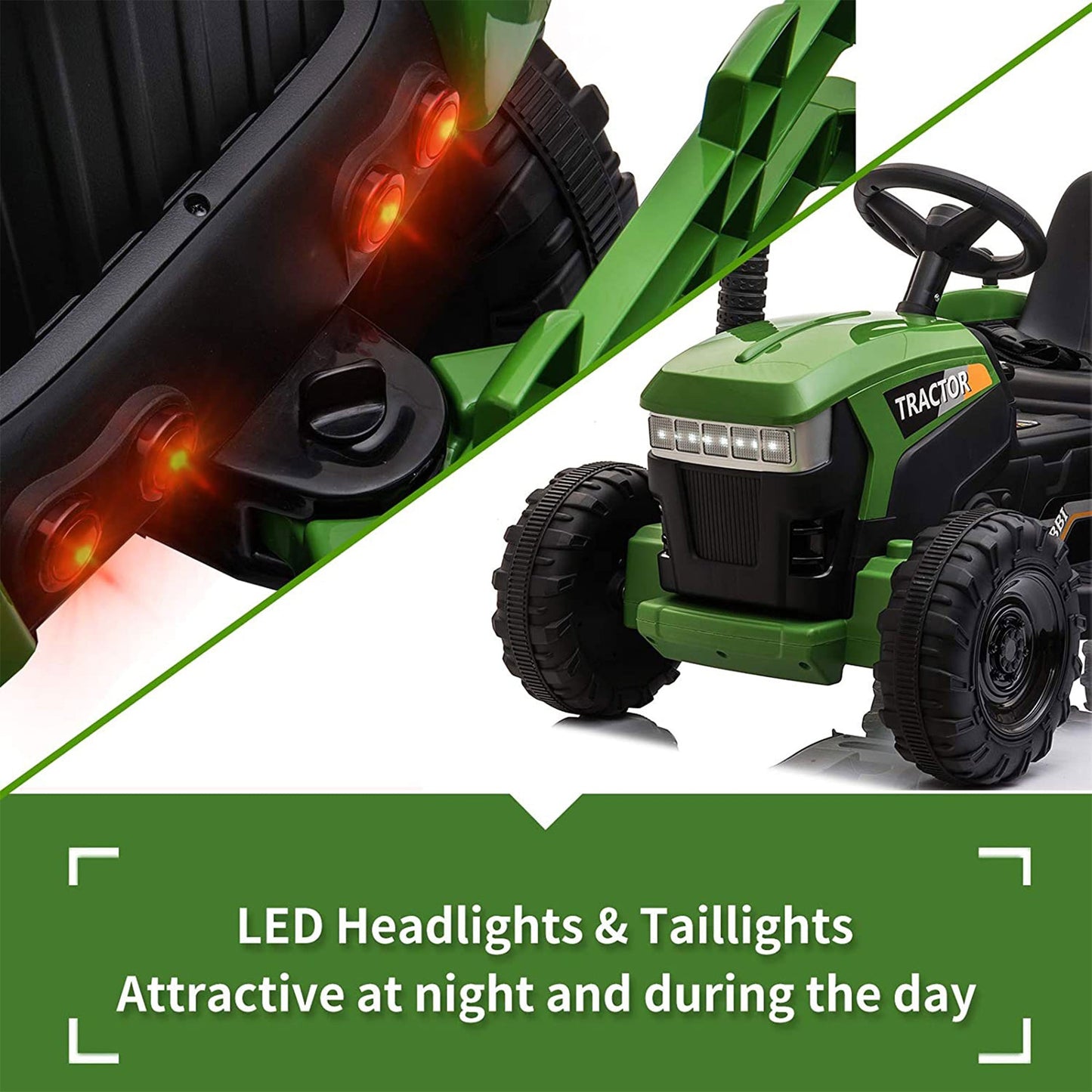 TOBBI 12 Volt Battery Operated Toy Tractor with Pull Behind Trailer, Dark Green — image 2