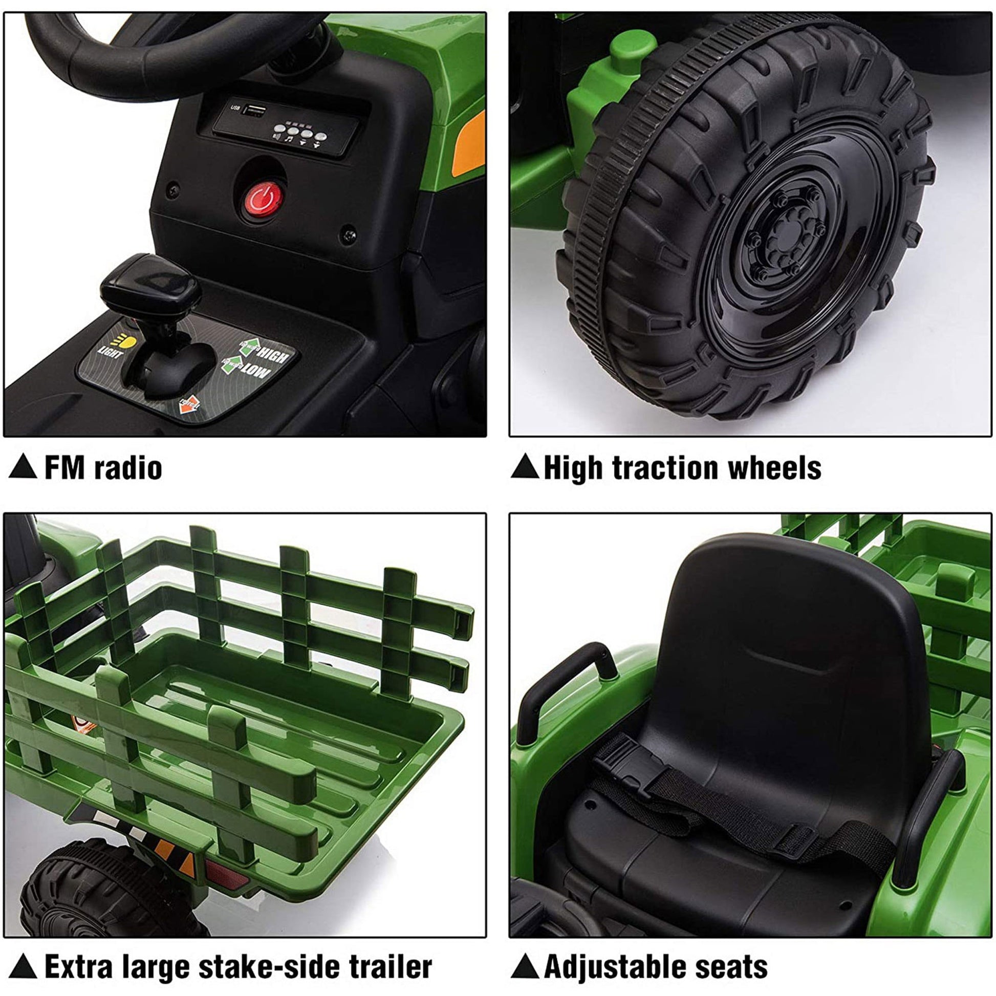 TOBBI 12 Volt Battery Operated Toy Tractor with Pull Behind Trailer, Dark Green — image 3