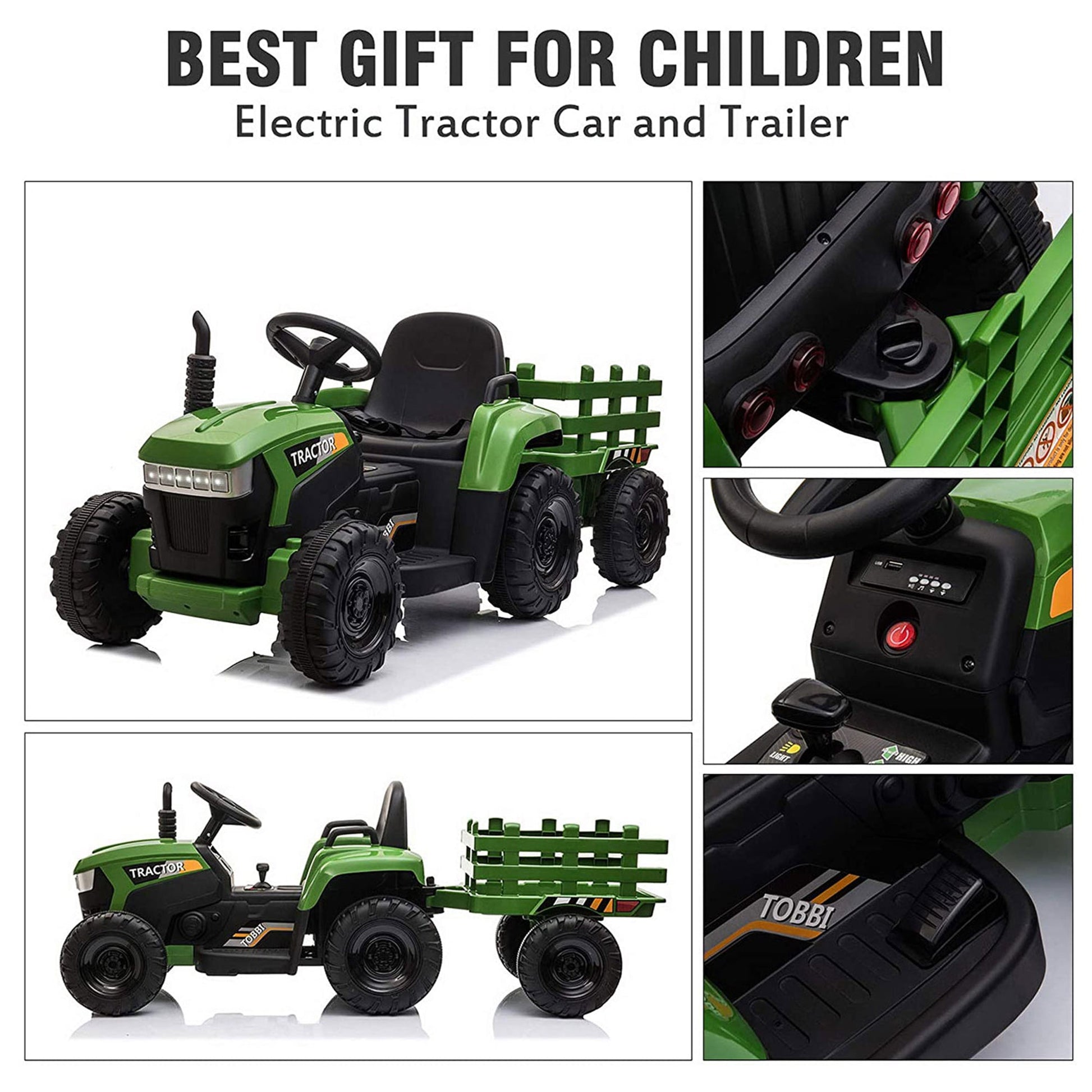 TOBBI 12 Volt Battery Operated Toy Tractor with Pull Behind Trailer, Dark Green — image 5