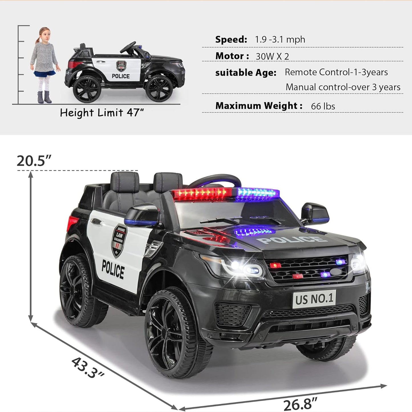 TOBBI 12 Volt Battery Powered Ride On Police SUV for Kids Ages 3 Years, Black — image 2