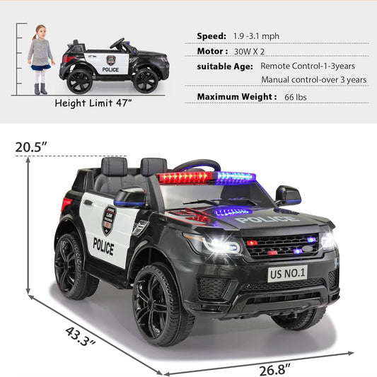TOBBI 12 Volt Battery Powered Ride On Police SUV for Kids Ages 3 Years, Black — image 2