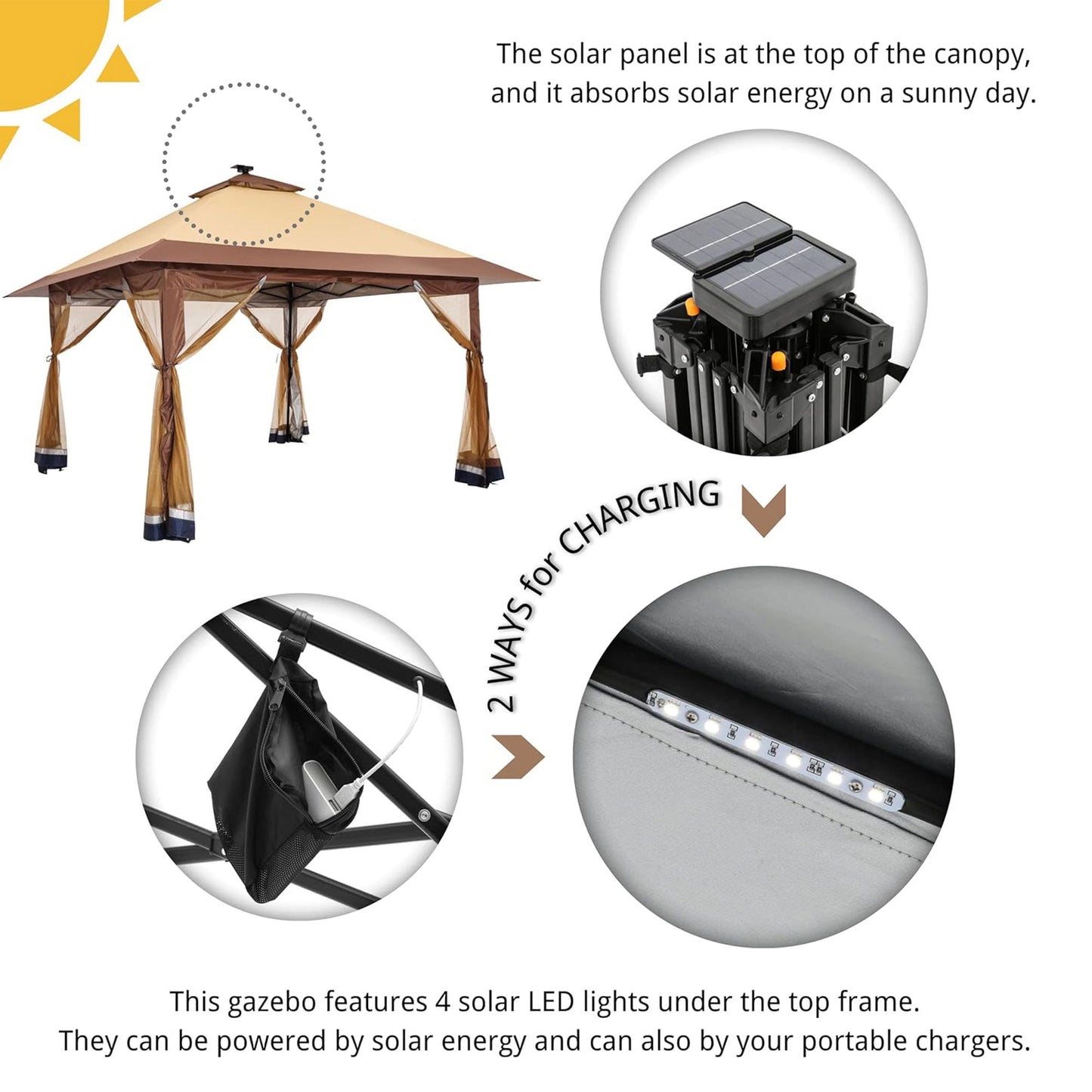 Suntime 12x12 Instant Pop Up Gazebo Solar Light Screen Canopy Tent Cover, Brown — image 2