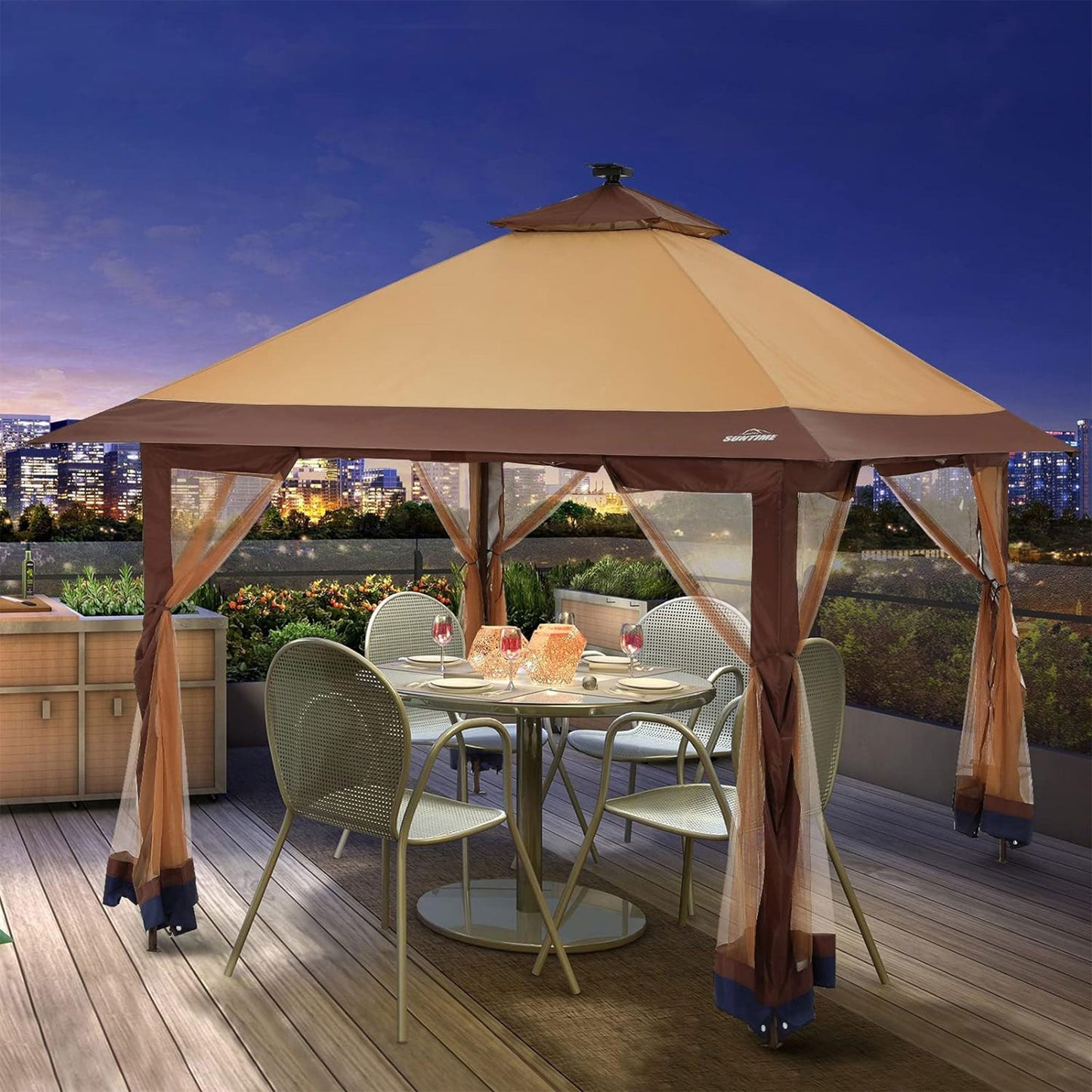 Suntime 12x12 Instant Pop Up Gazebo Solar Light Screen Canopy Tent Cover, Brown — image 7