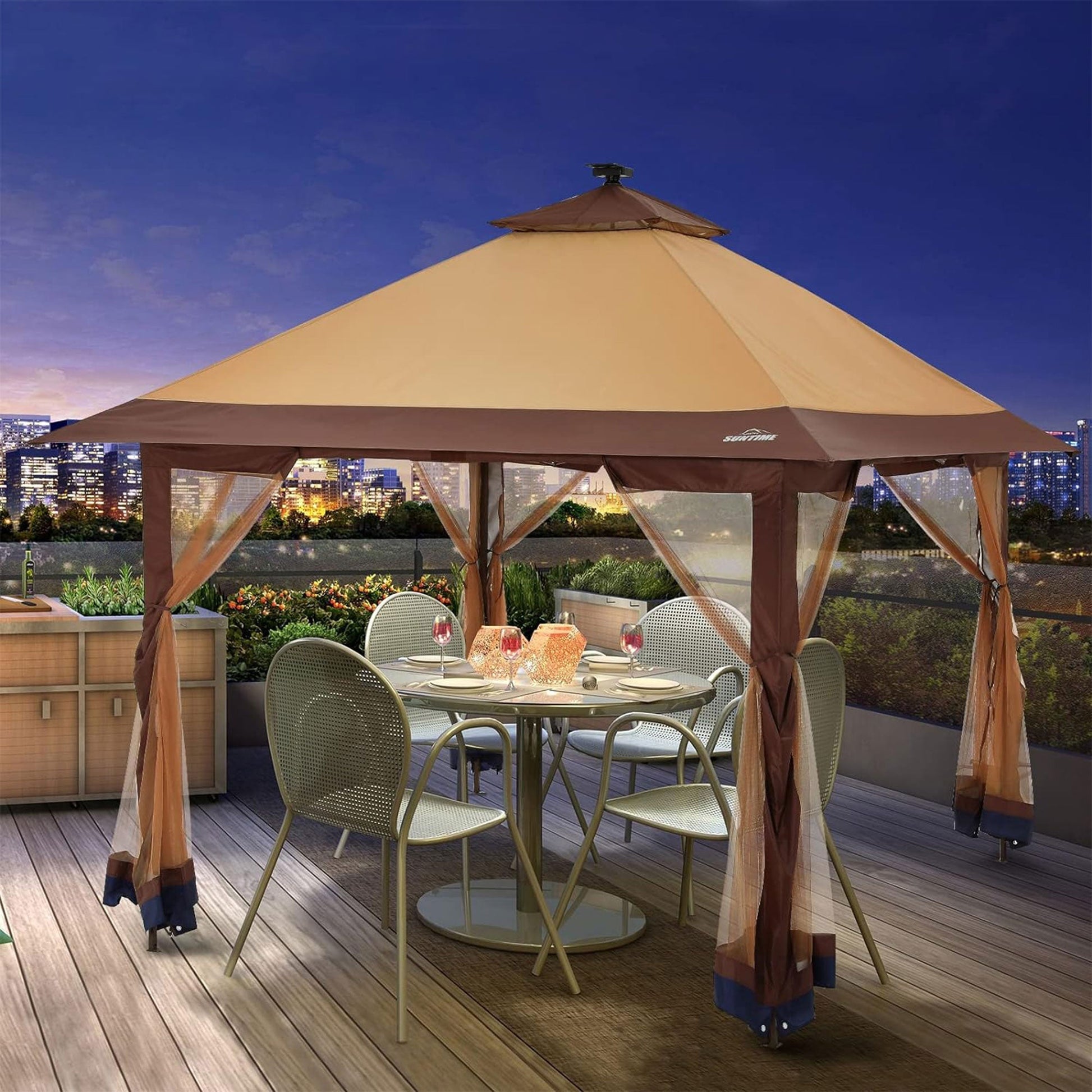 Suntime 12x12 Instant Pop Up Gazebo Solar Light Screen Canopy Tent Cover, Brown — image 7