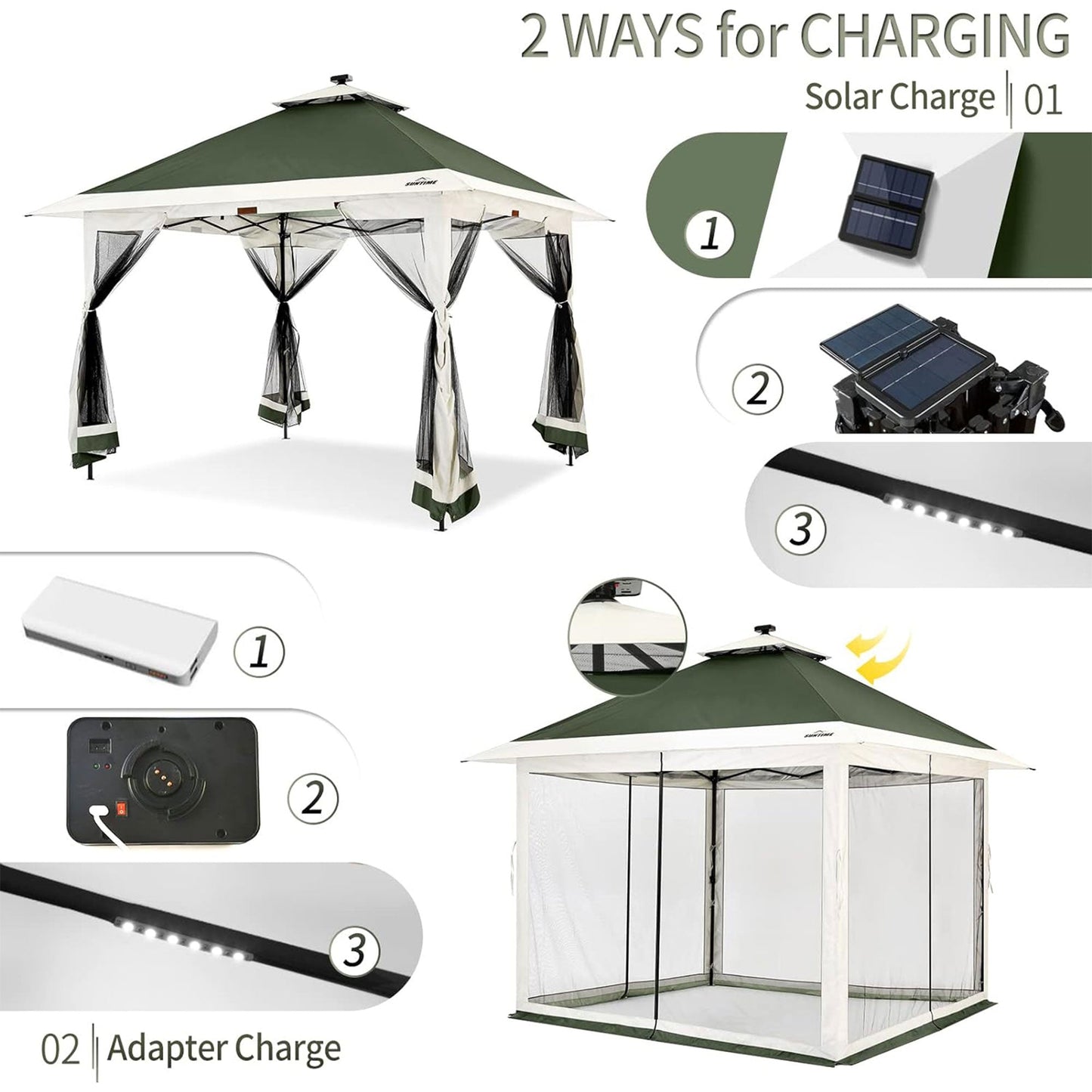Suntime 12x12 Instant Pop Up Gazebo Solar Light Screen Canopy Tent Cover, Green — image 2