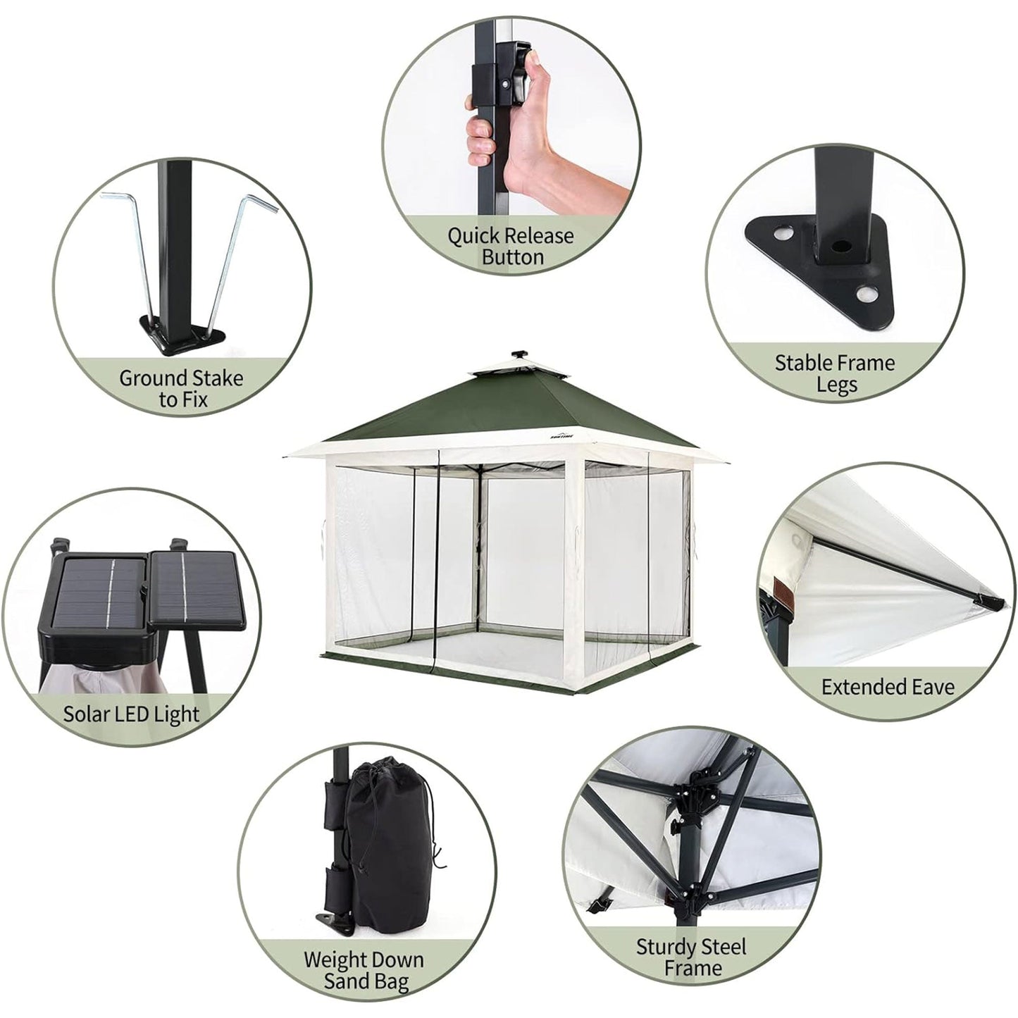 Suntime 12x12 Instant Pop Up Gazebo Solar Light Screen Canopy Tent Cover, Green — image 4