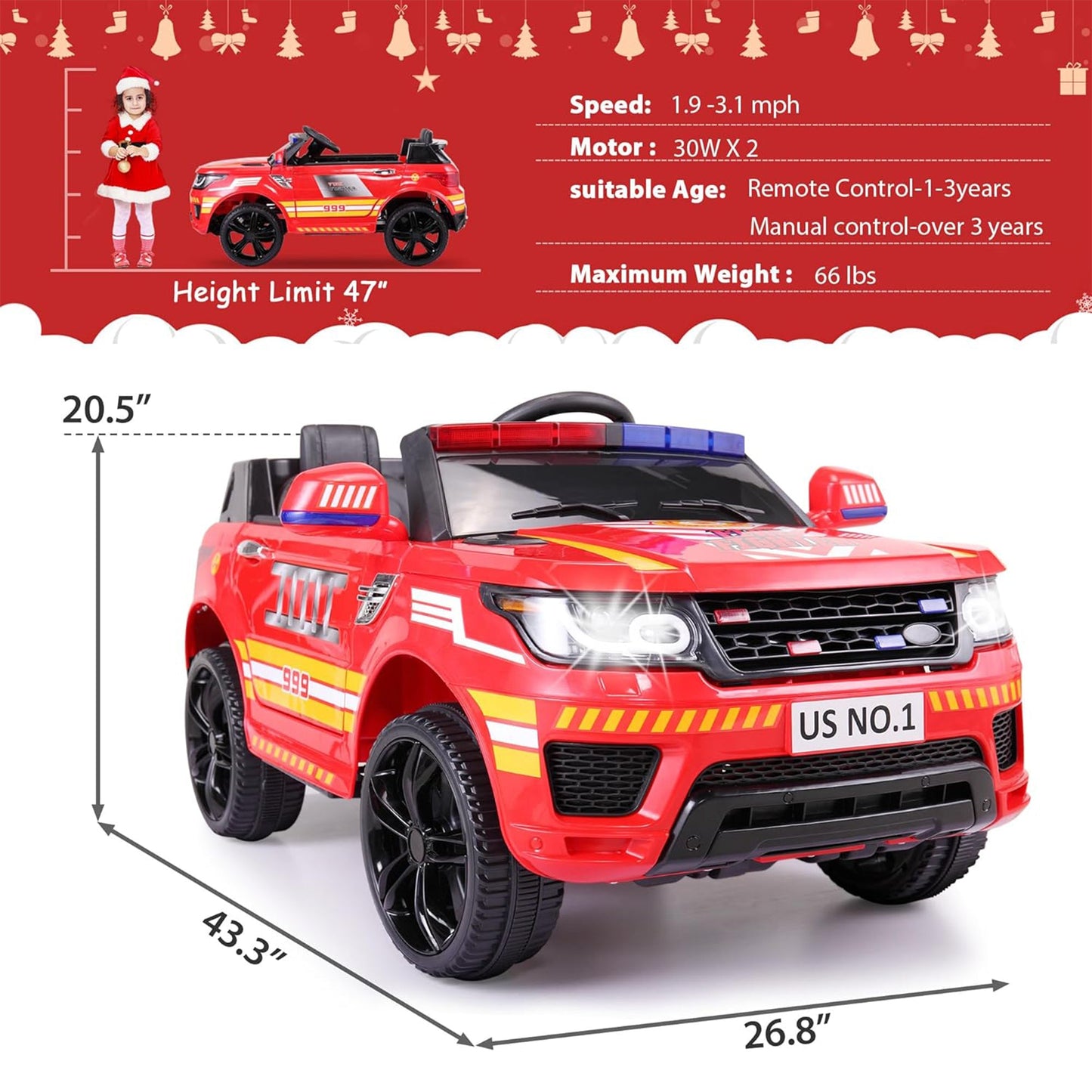 TOBBI 12 Volt Battery Powered Ride On Fire Truck for Kids Ages 3 Years, Red — image 2