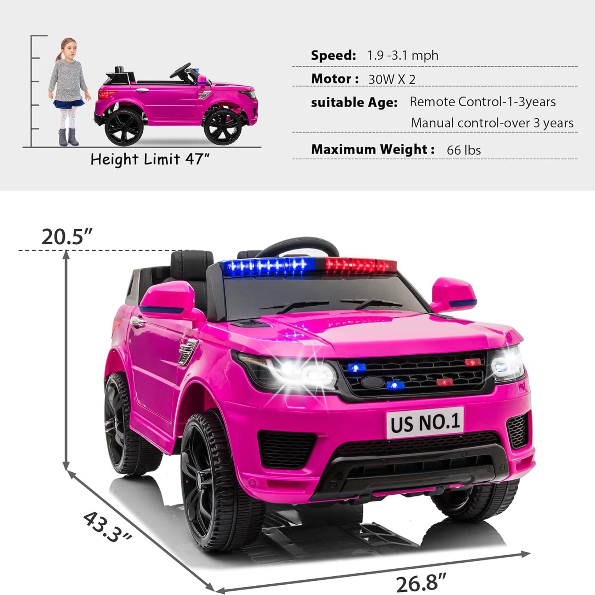 TOBBI 12 Volt Battery Powered Ride On Police SUV for Kids Ages 3 Years, Rose Red — image 2