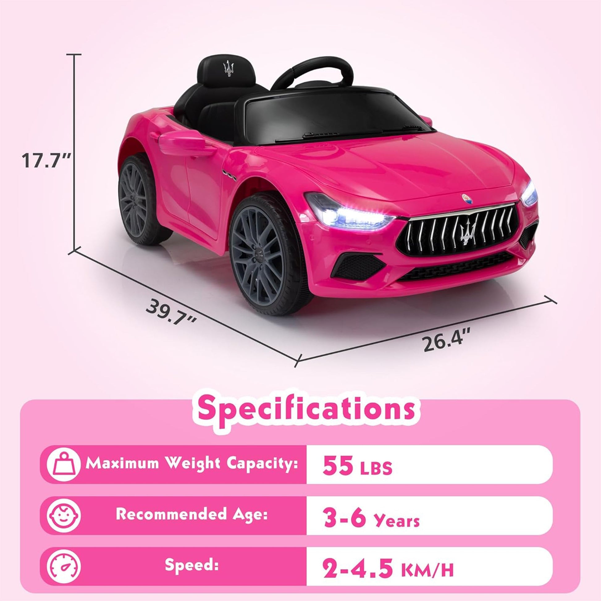 TOBBI Kids Ride On Car, 12V Maserati Ghibli Electric Toy w/ Remote, Music, Pink — image 2