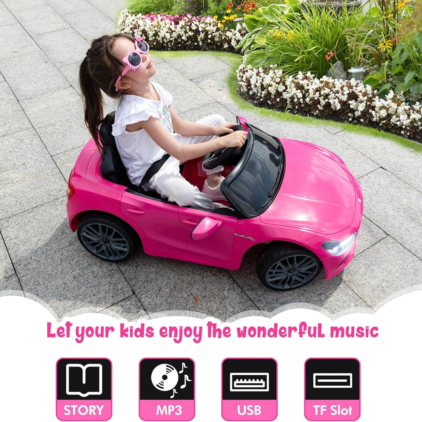 TOBBI Kids Ride On Car, 12V Maserati Ghibli Electric Toy w/ Remote, Music, Pink — image 6