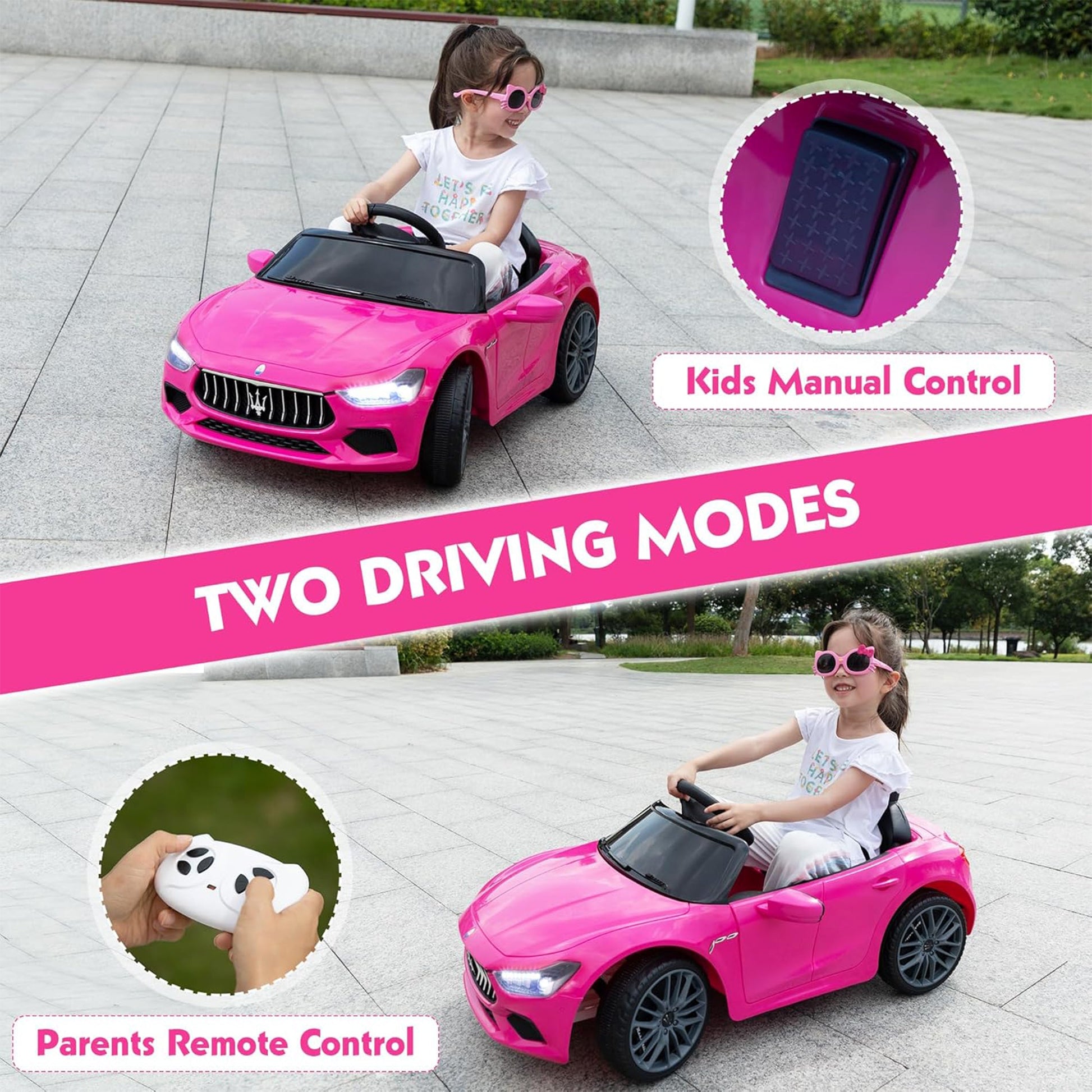 TOBBI Kids Ride On Car, 12V Maserati Ghibli Electric Toy w/ Remote, Music, Pink — image 7