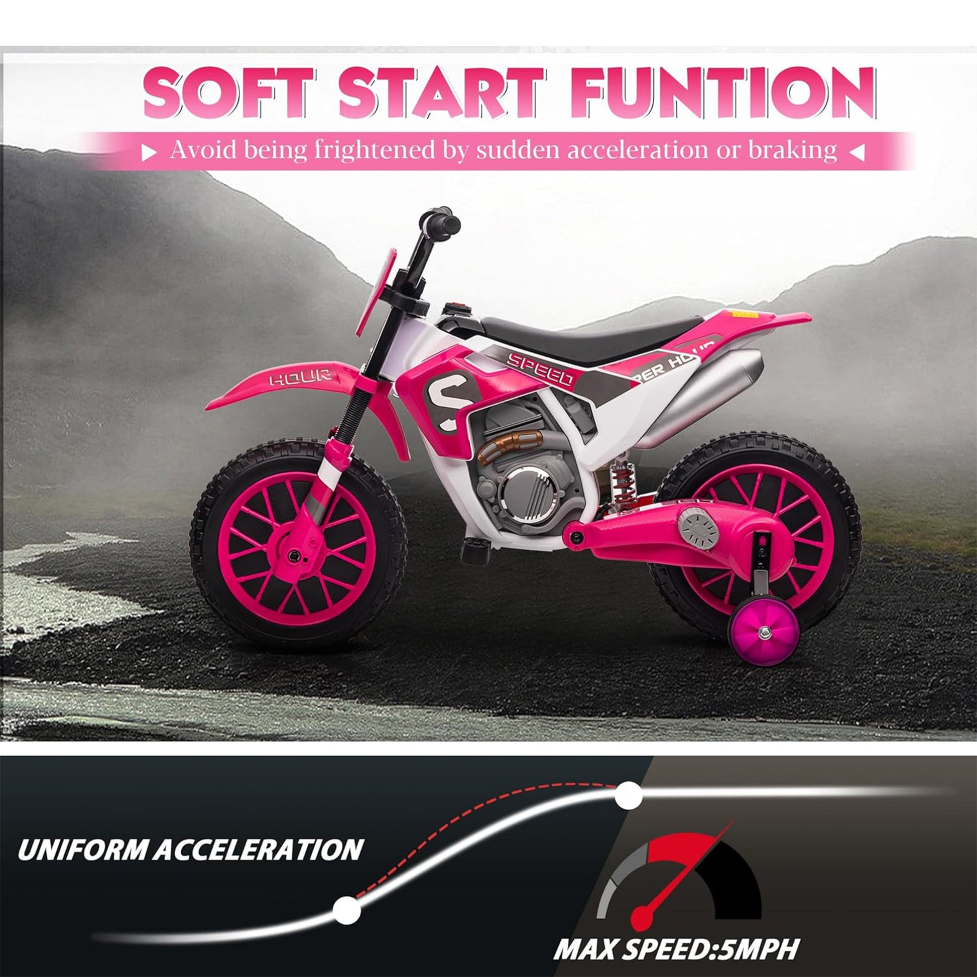 TOBBI 12 Volt Toddler Motorcycle Kids Dirt Bike with Training Wheels, Rose Pink — image 4