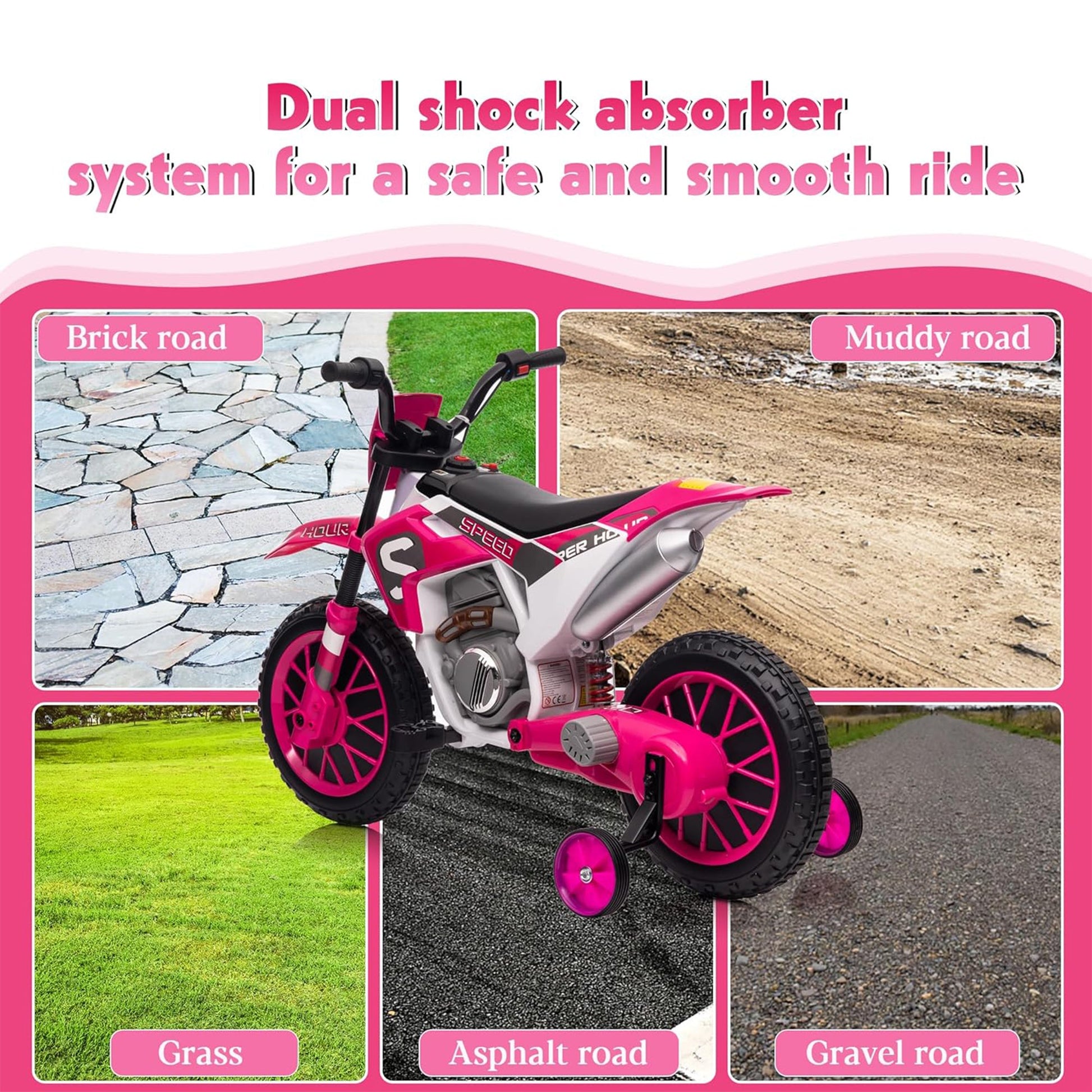 TOBBI 12 Volt Toddler Motorcycle Kids Dirt Bike with Training Wheels, Rose Pink — image 5
