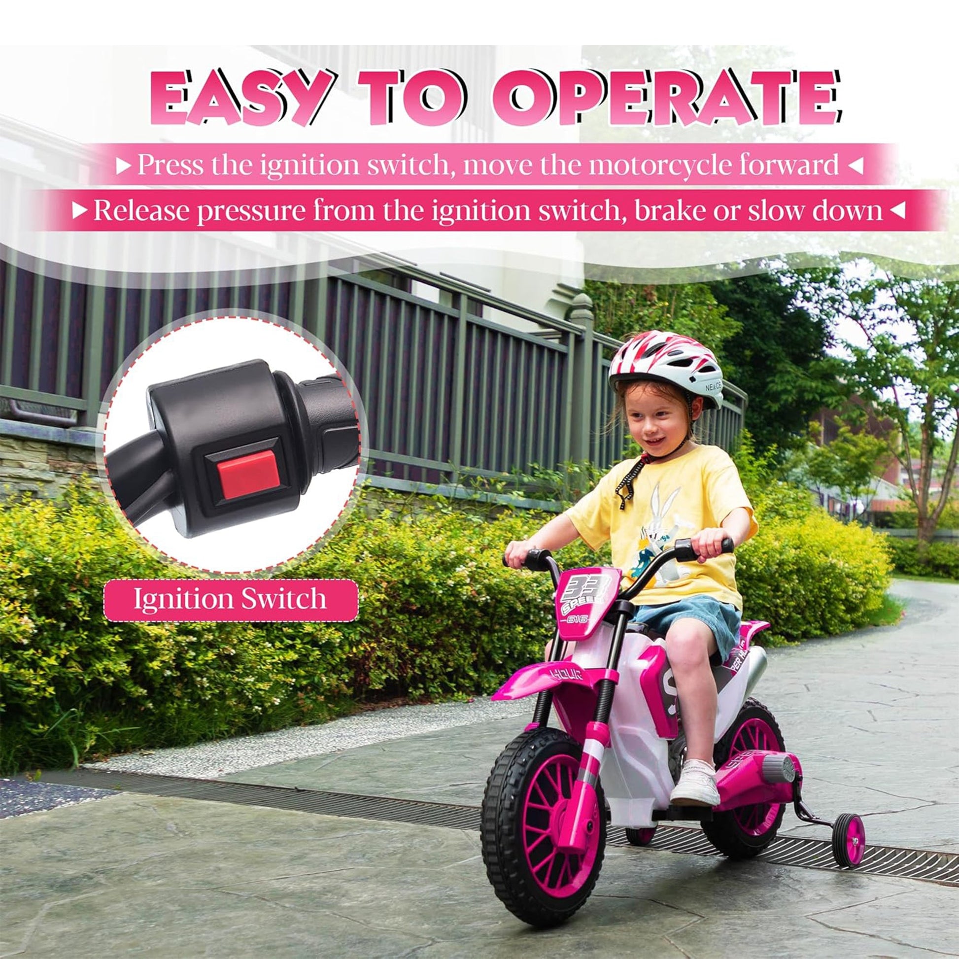 TOBBI 12 Volt Toddler Motorcycle Kids Dirt Bike with Training Wheels, Rose Pink — image 6