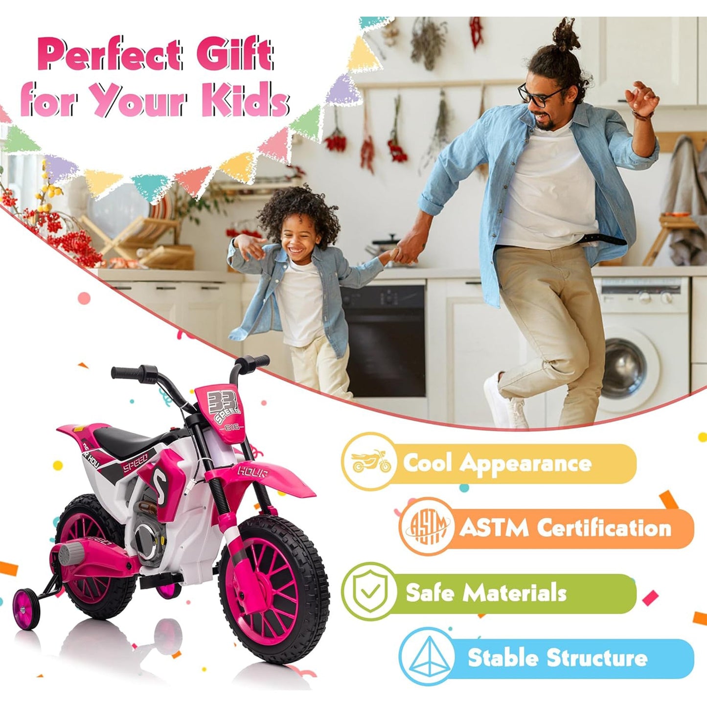 TOBBI 12 Volt Toddler Motorcycle Kids Dirt Bike with Training Wheels, Rose Pink — image 7