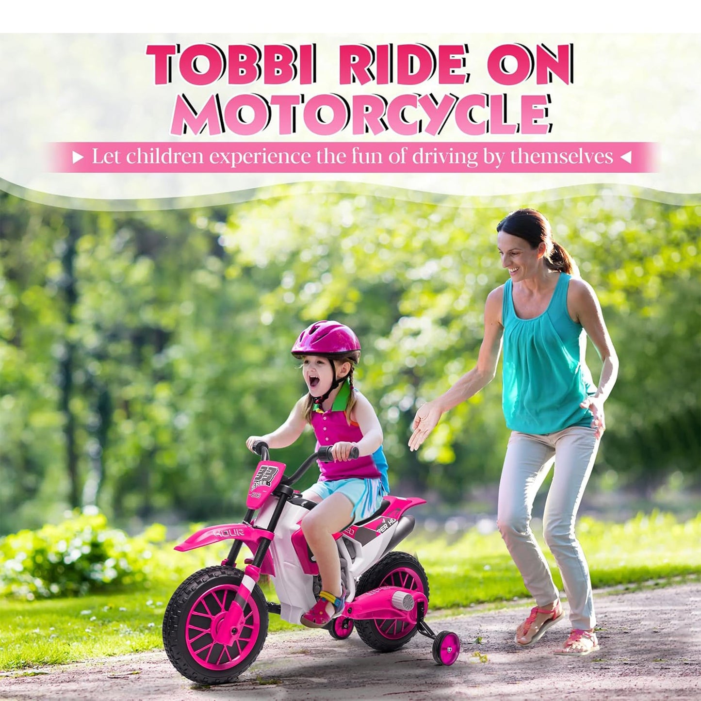TOBBI 12 Volt Toddler Motorcycle Kids Dirt Bike with Training Wheels, Rose Pink — image 9