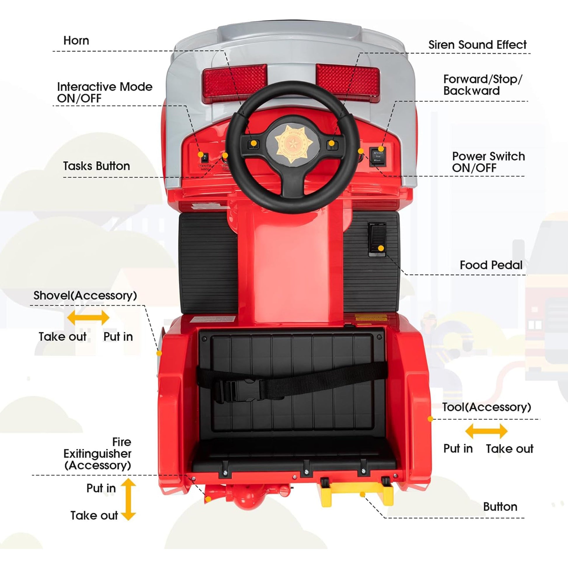 TOBBI Kids Ride on Fire Truck, Battery Powered Car w/ Ladder, Lights, Tools, Red — image 3