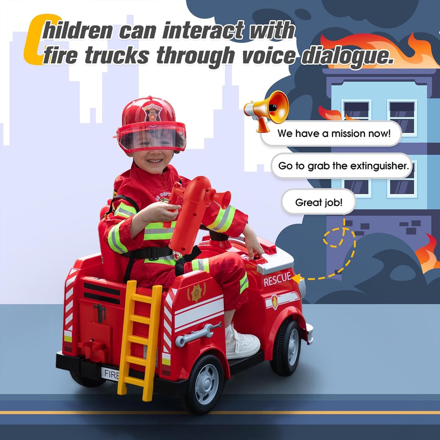 TOBBI Kids Ride on Fire Truck, Battery Powered Car w/ Ladder, Lights, Tools, Red — image 5