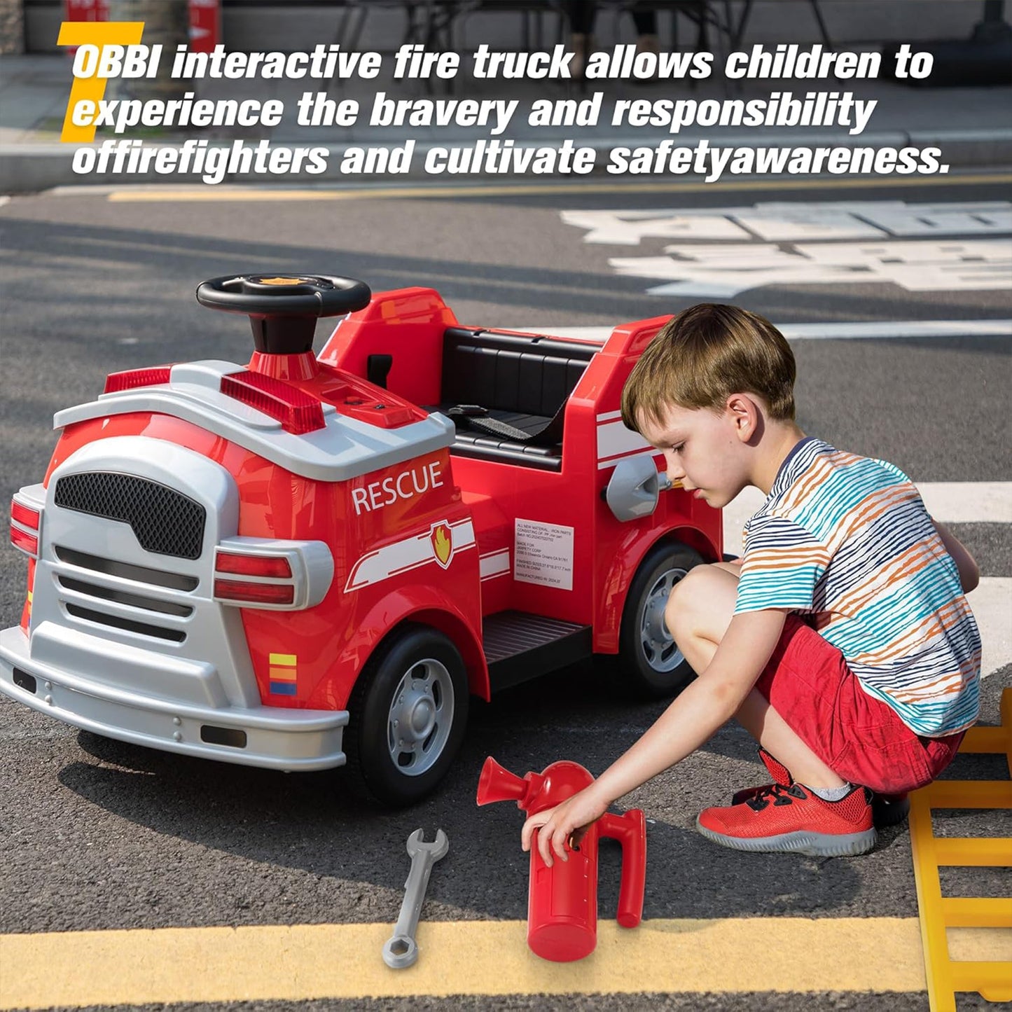 TOBBI Kids Ride on Fire Truck, Battery Powered Car w/ Ladder, Lights, Tools, Red — image 6