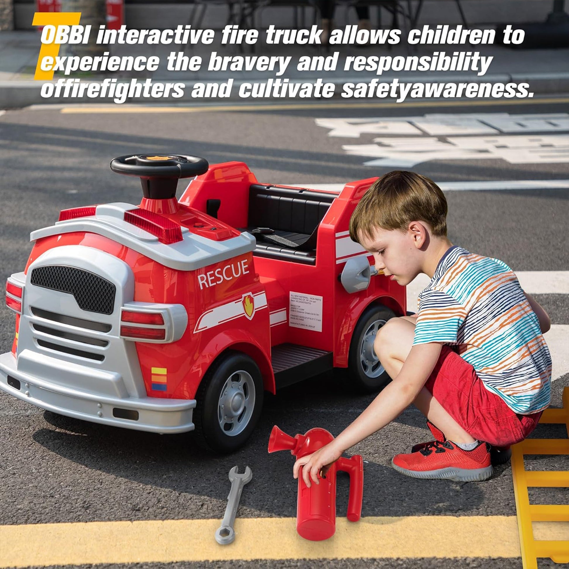 TOBBI Kids Ride on Fire Truck, Battery Powered Car w/ Ladder, Lights, Tools, Red — image 6