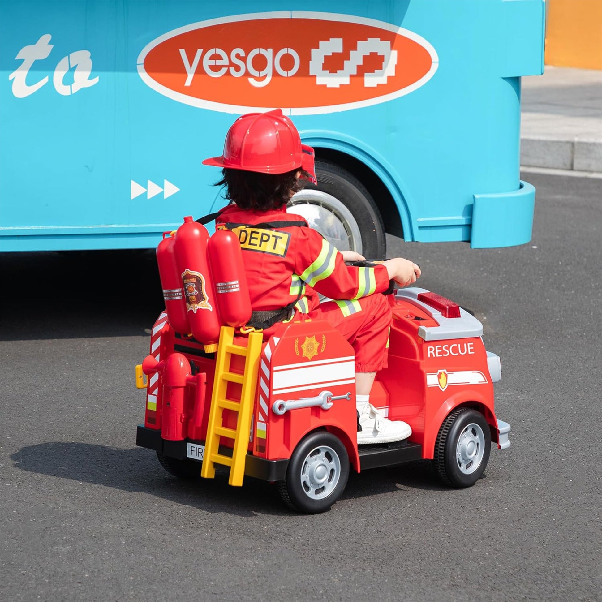TOBBI Kids Ride on Fire Truck, Battery Powered Car w/ Ladder, Lights, Tools, Red — image 8