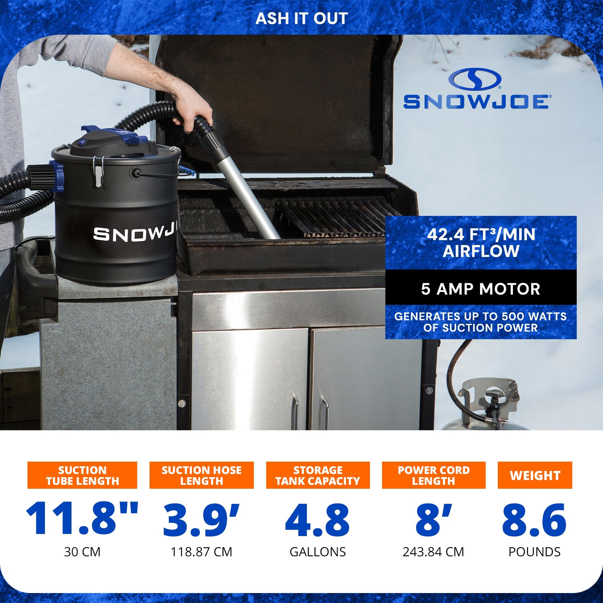 Snow Joe 4.8 Gallon Bagless Ash Vacuum Cleaner, Metal Canister, Blue, ASHJ202E — image 3