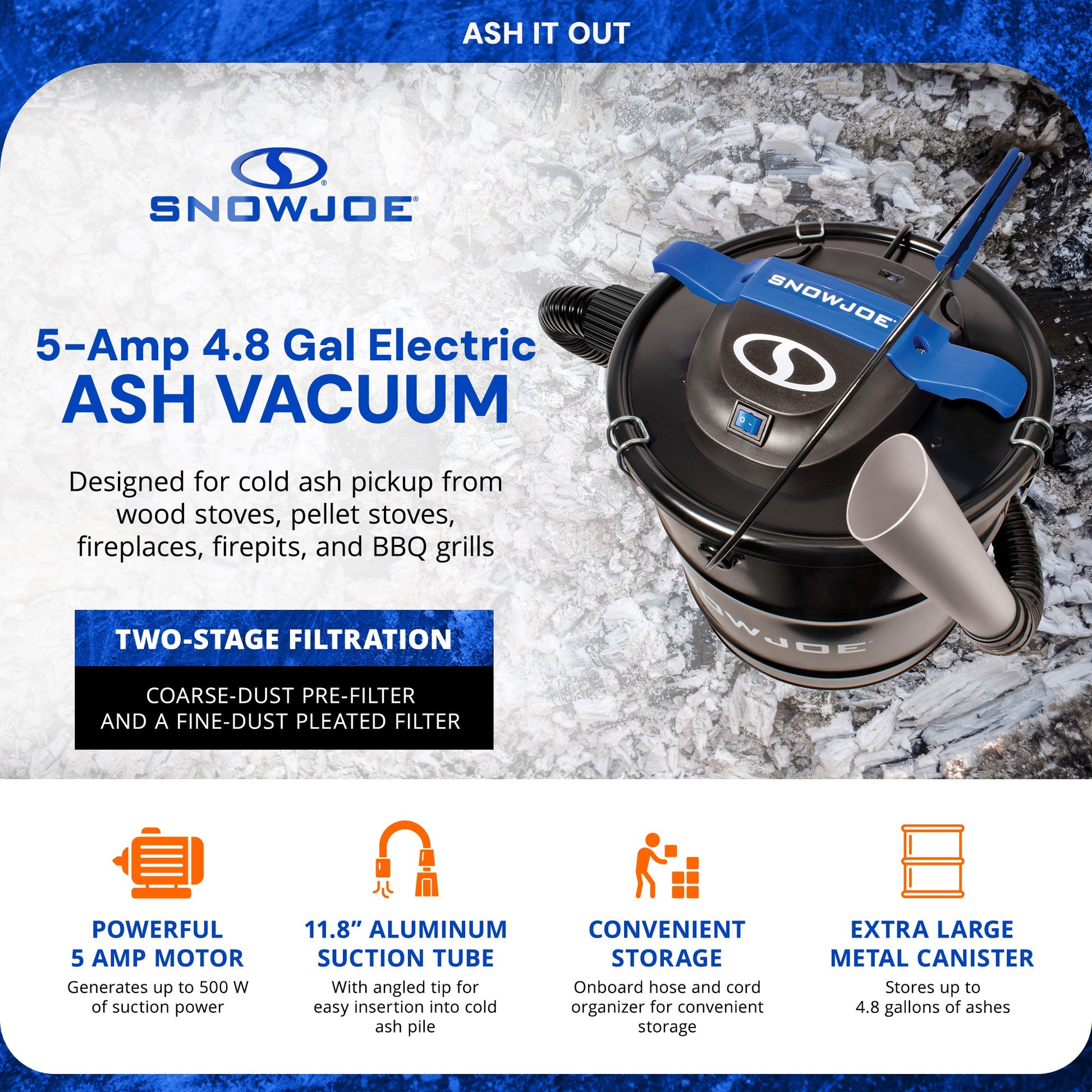 Snow Joe 4.8 Gallon Bagless Ash Vacuum Cleaner, Metal Canister, Blue, ASHJ202E — image 2