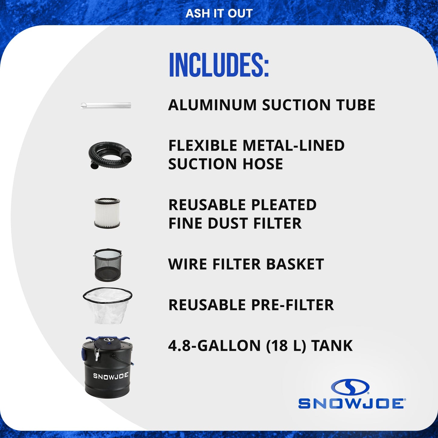Snow Joe 4.8 Gallon Bagless Ash Vacuum Cleaner, Metal Canister, Blue, ASHJ202E — image 4