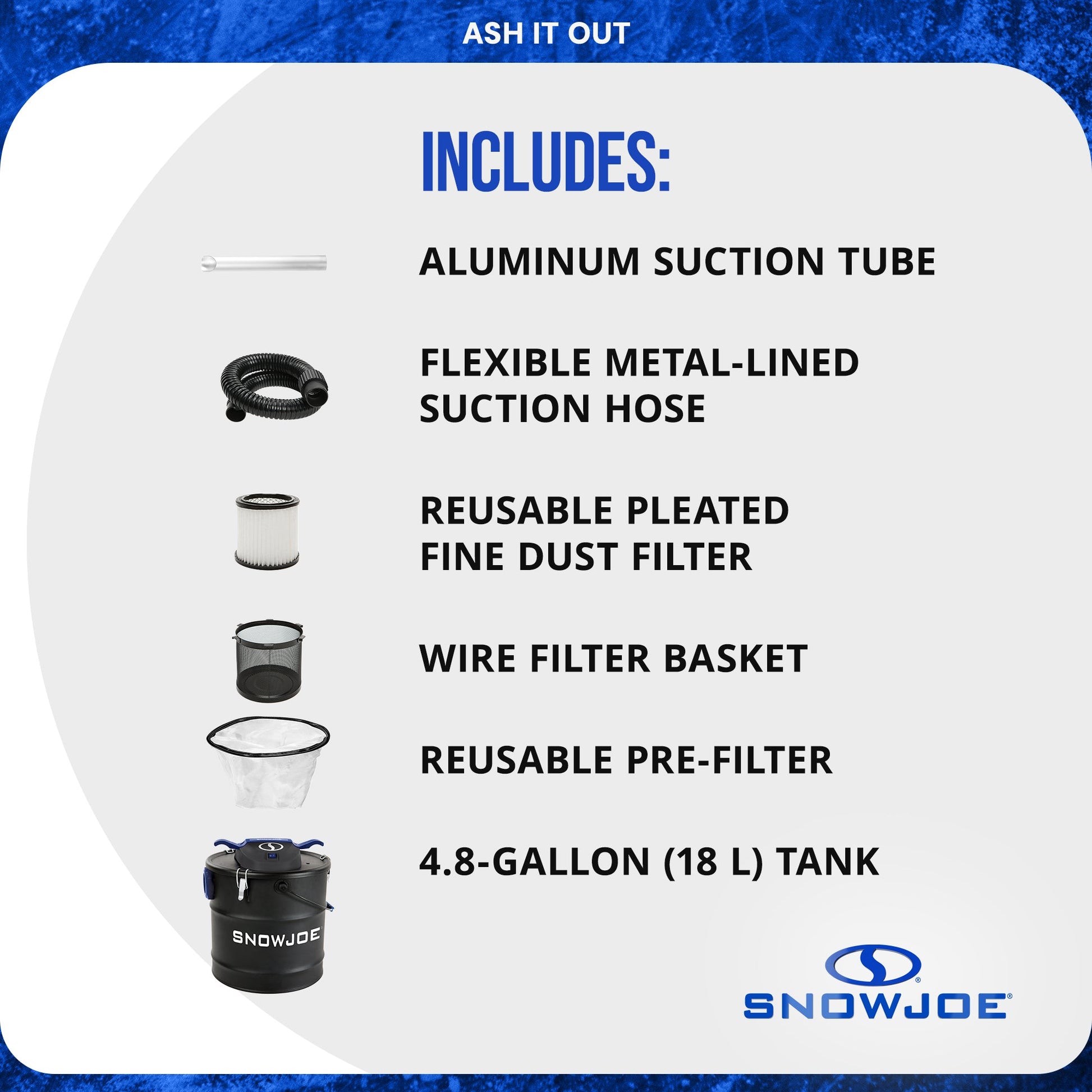 Snow Joe 4.8 Gallon Bagless Ash Vacuum Cleaner, Metal Canister, Blue, ASHJ202E — image 4