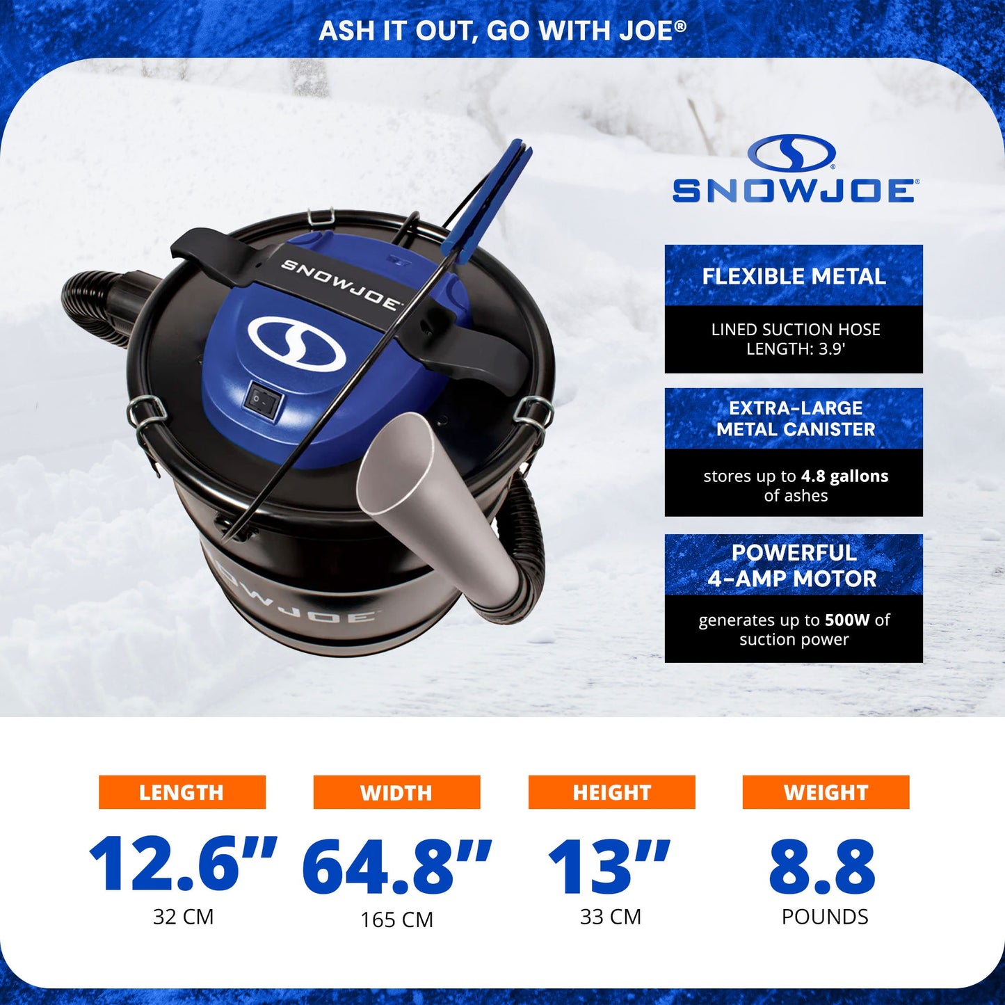 Snow Joe 4.8 Gallon Bagless Ash Vacuum Cleaner, Metal Canister, Black, ASHJ201 — image 3