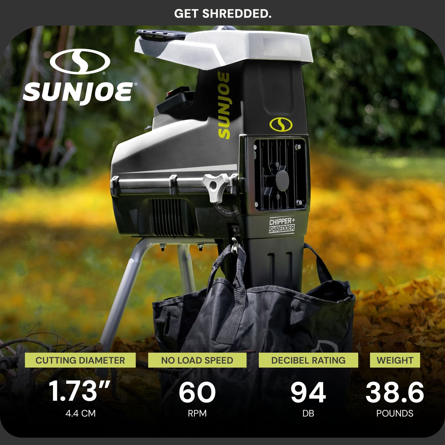 Sun Joe Silent Wood Chipper Shredder, 15 Amp Machine with 1.7" Diameter, CJ603E — image 5