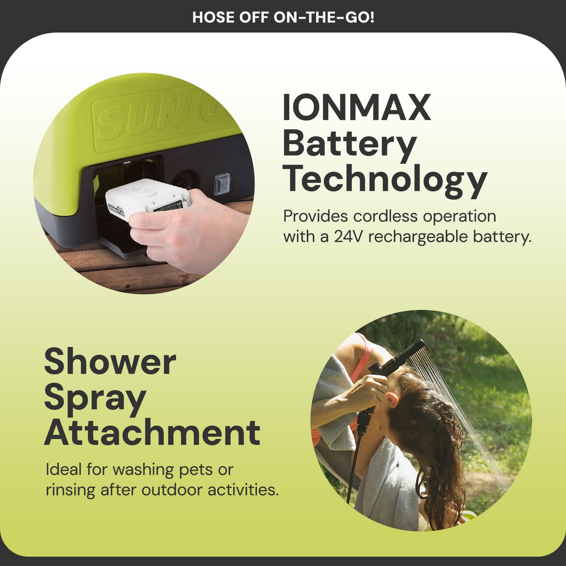 Sun Joe 24V IONMAX Cordless Sink/Shower Spray Washer Kit with Battery, WA24C-LTE — image 4
