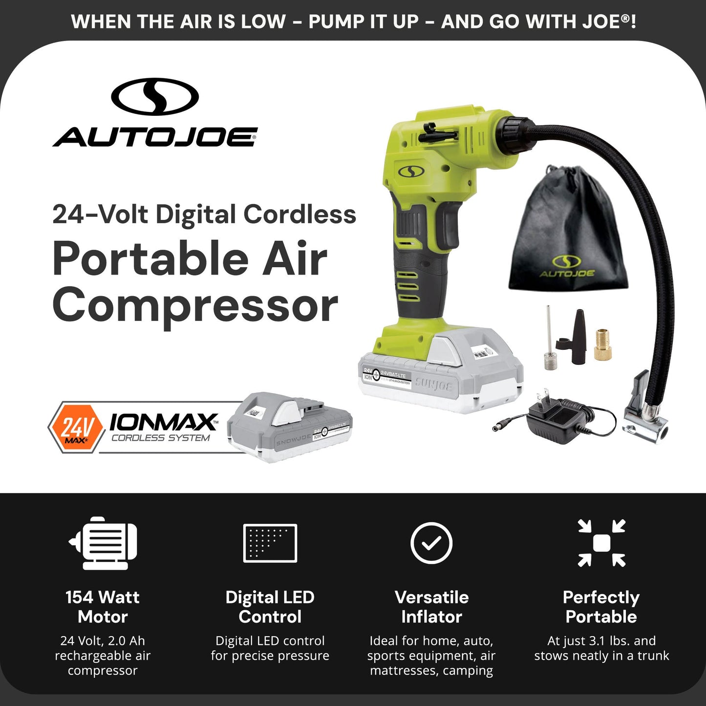 Sun Joe Auto Joe Portable Air Compressor Cordless Tire Inflate Pump, 24V-AJC-LTE — image 2